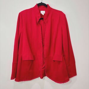 Chicos Red Blazer Jacket Womens 3/XL Ruffles Stretchy Romantic Holiday Valentine